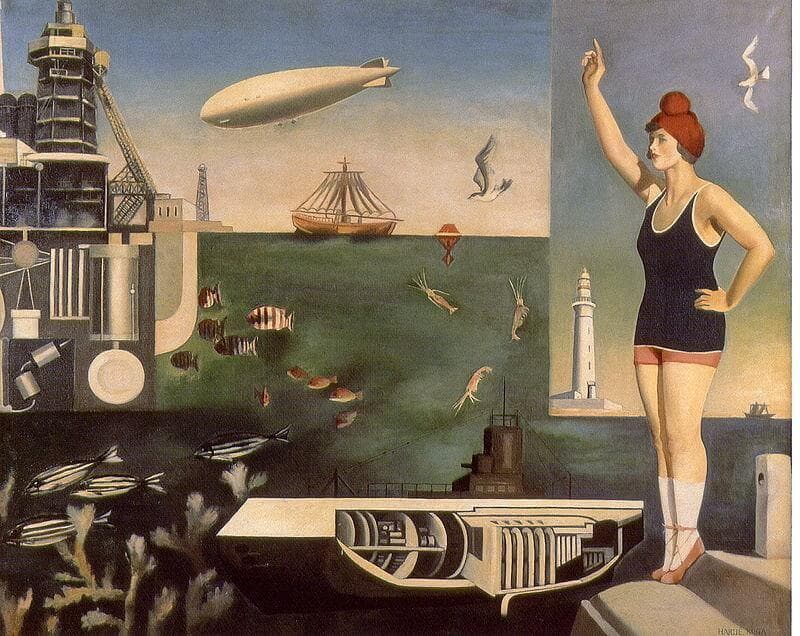Pintura modernista: uma mulher de maiô aponta para o alto enquanto um zepelim, um veleiro e um farol dividem a cena com cardumes, maquinário industrial e o corte de um submarino.